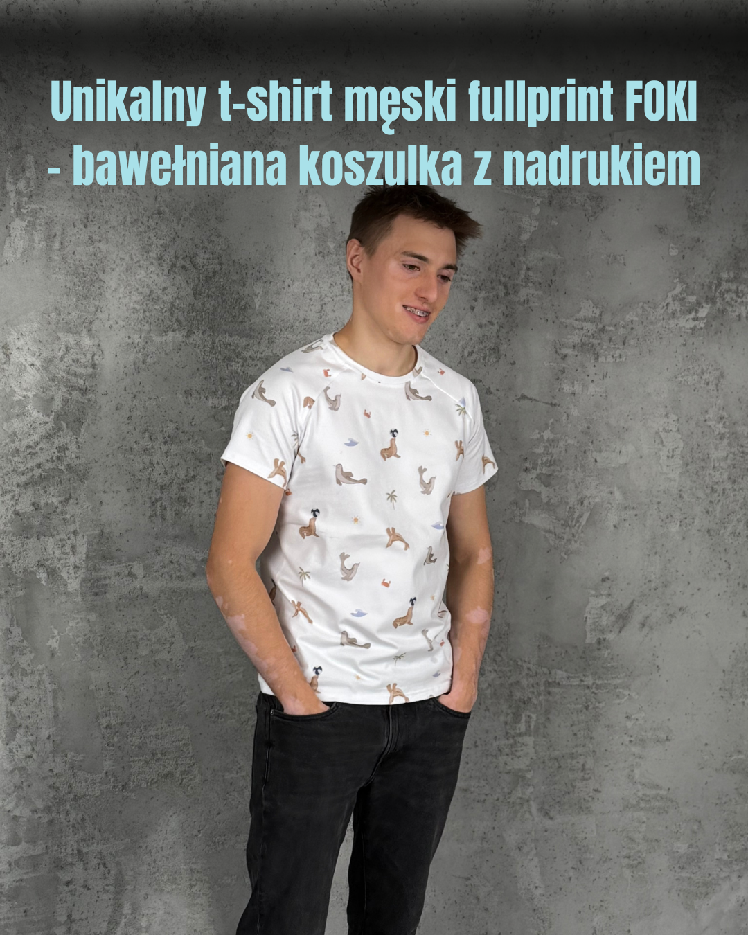Zbliżenie na bawełnę premium 220g i detal nadruku pigmentowego koszulki FOKI – polska produkcja Coszulki.pl